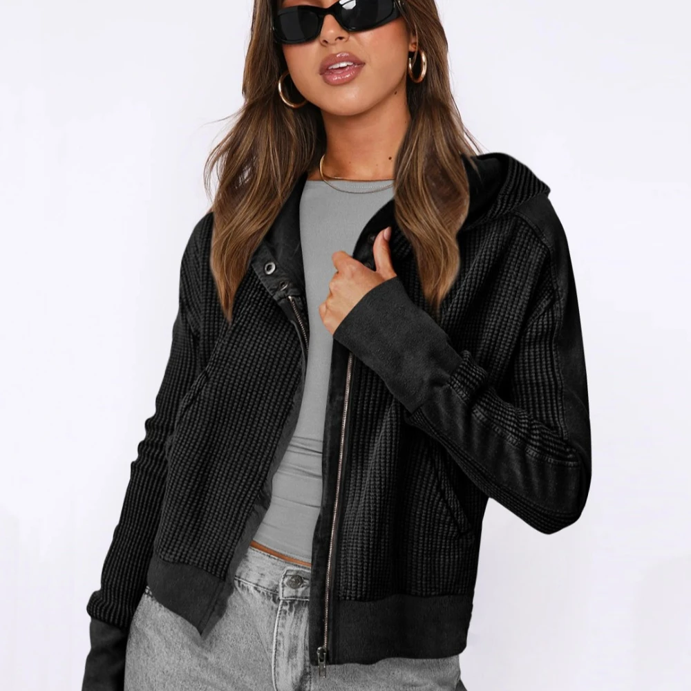 Women's Zip Up Hooded Sweatshirt Waffel Pocket Short Knit Sweater Jacket Solid Long Sleeve Spliced Sweatshirt Hoodies