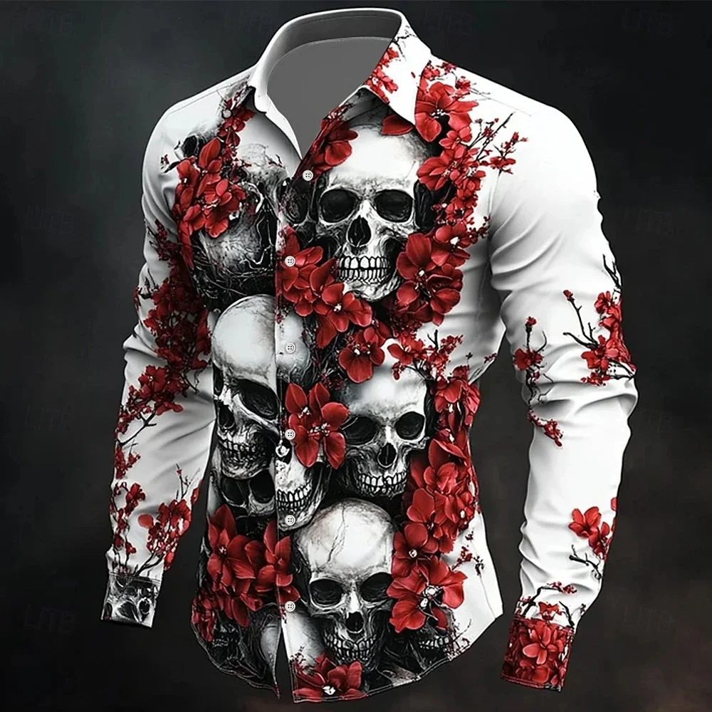 

Halloween shirt men's long sleeved lapel shirt classic skull print funny shirt holiday party comfortable men's clothing
