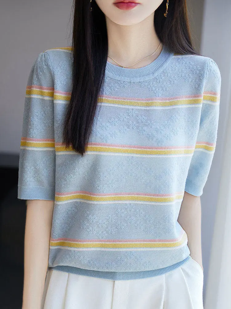 

plus Size Women's Ice Silk Knitted Top Slimming Striped Loose Fit Short Sleeve T-Shirt Casual Style round Neck Cool Feeling
