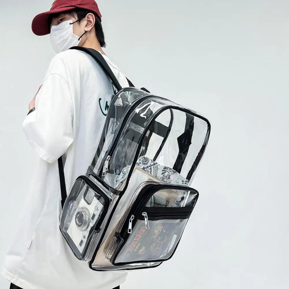 Transparent Backpack Mesh Shoulder Strap Waterproof Large Capacity Multi Compartments Student School Bag Outdoor Travel