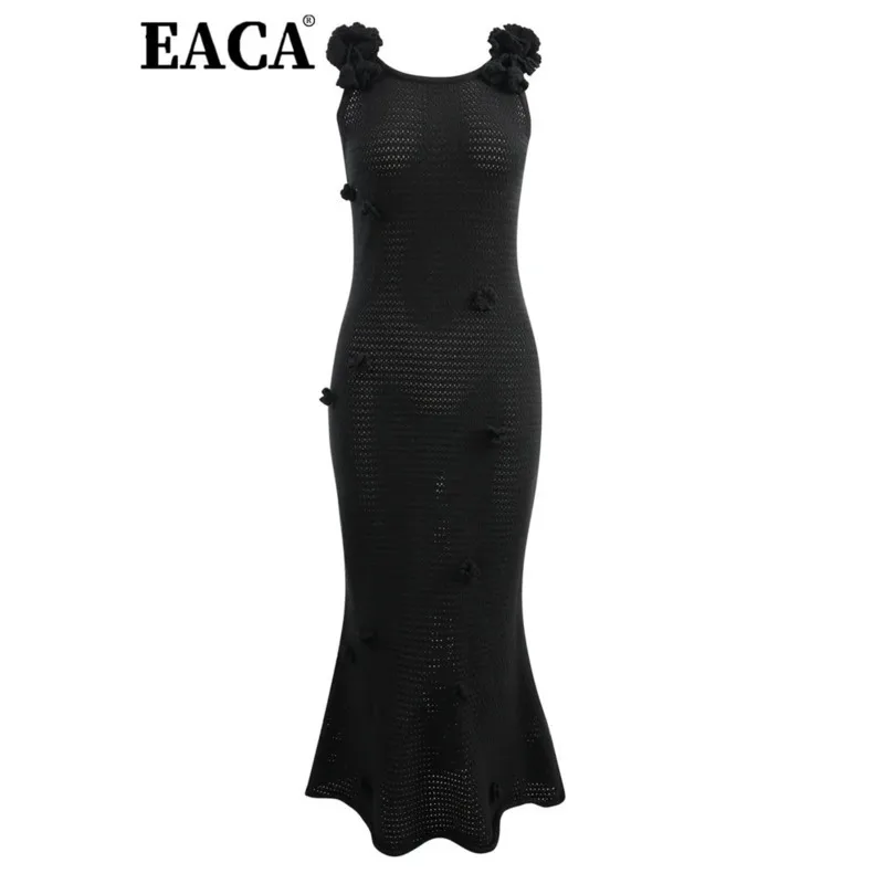 

EACA Slim Fit Buttocks Wrapped 2025 Summer New Women's Hook Flower Three-dimensional Flower Knitted Suspender Fishtail Dress
