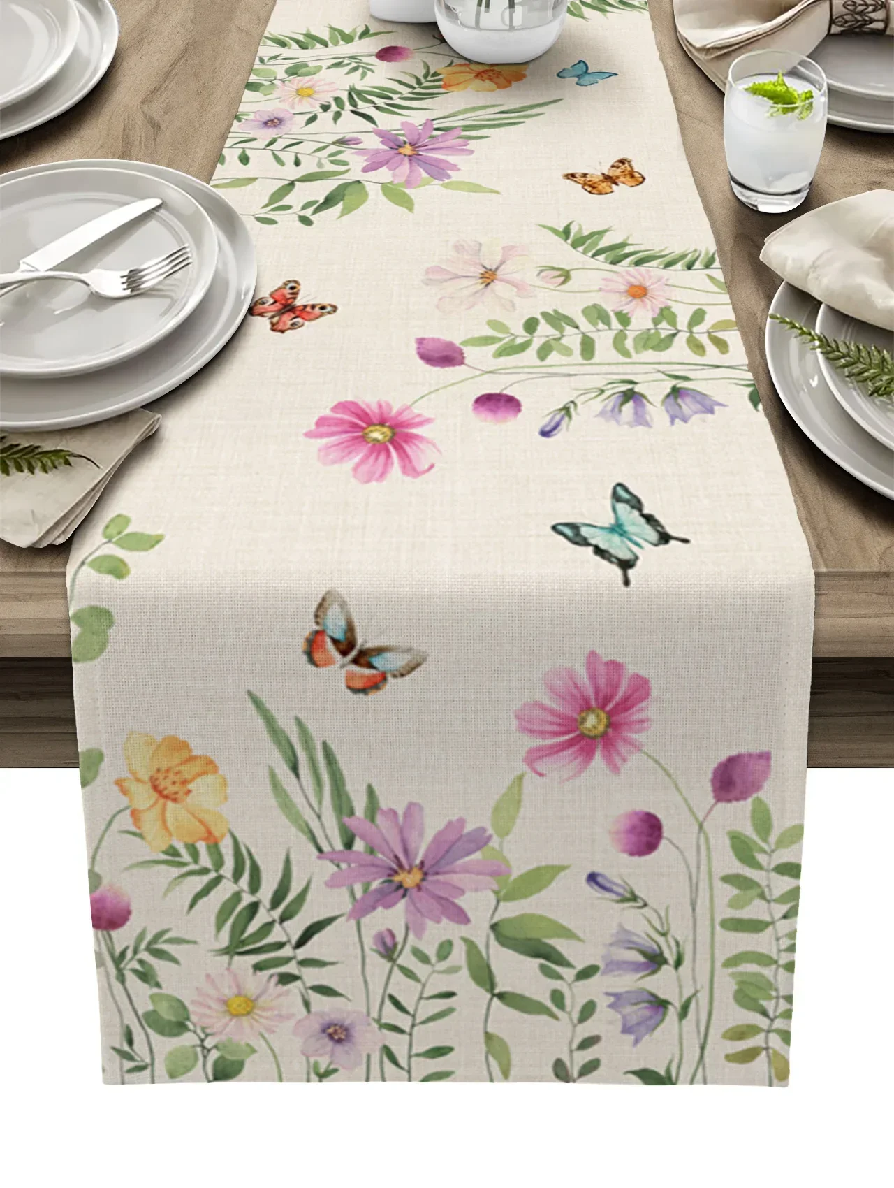 Spring Flower Butterfly Table Runner luxury Kitchen Dinner Table Cover Wedding Party Decor Cotton Linen Tablecloth