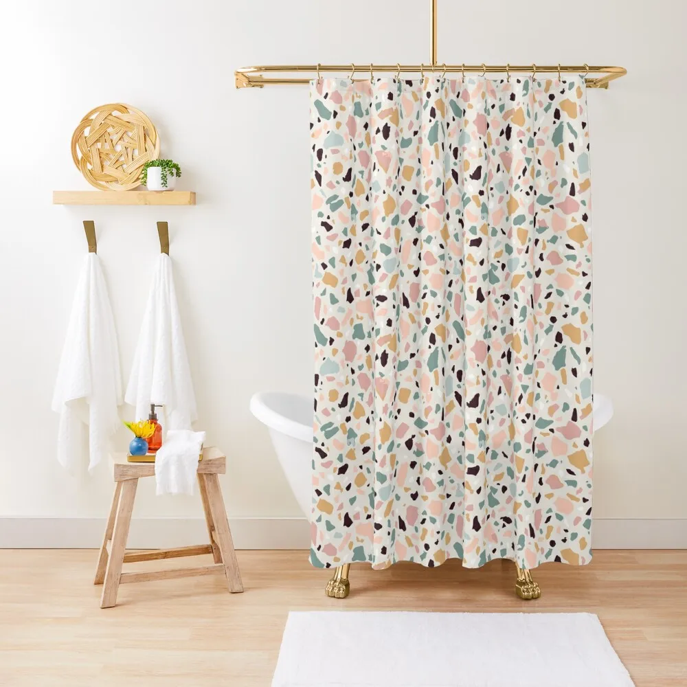 

Pink Pastel Terrazzo Shower Curtain Bathtub Funny Shower Window Waterproof Fabric Shower Curtain