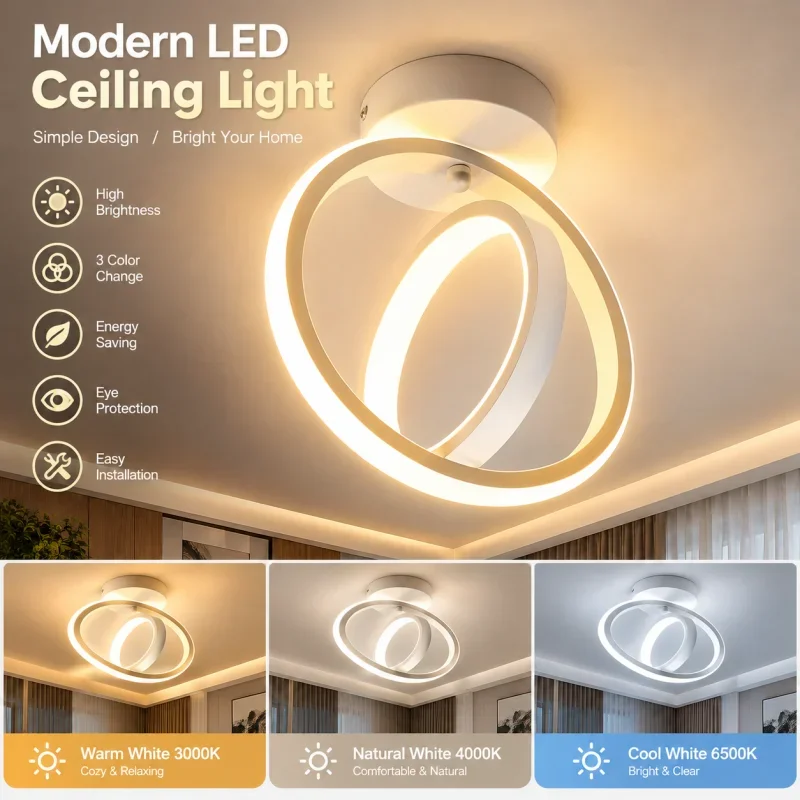 Hzralicth Nodic Style LED Aisle Ceiling Lights Surface Mounted 3-Color Lighting for Bedroom Living Room Corridor Home