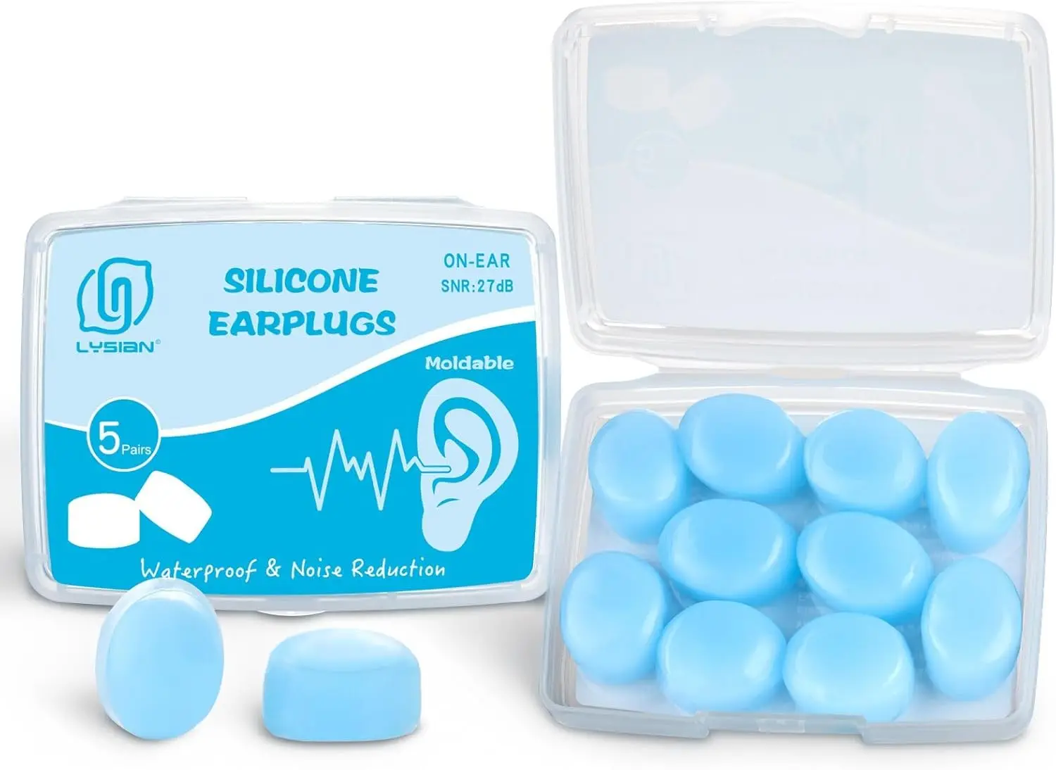

Moldable Silicone Ear Plugs for Sleeping, 27dB Noise Reduction, Reusable Waterproof, 5 Pairs (Blue)