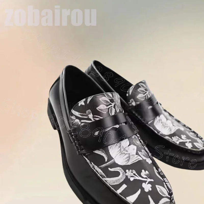 

Black Floral Print Sewing Design Leather Loafers Fashion Slip On Men Shoes Luxury Handmade Party Feast Dating Men Casual Shoes