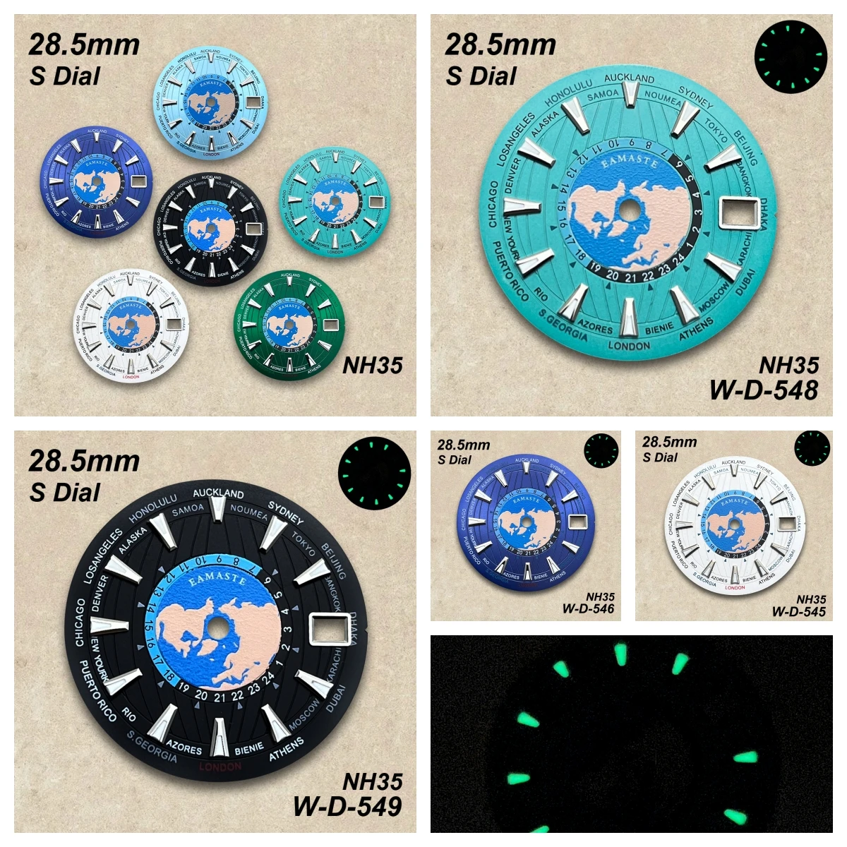 

28.5mm S Logo World Map Dial Fit NH35/NH36/4R/7S Japanese Automatic Movement Green Luminous Watch Modification Accessories
