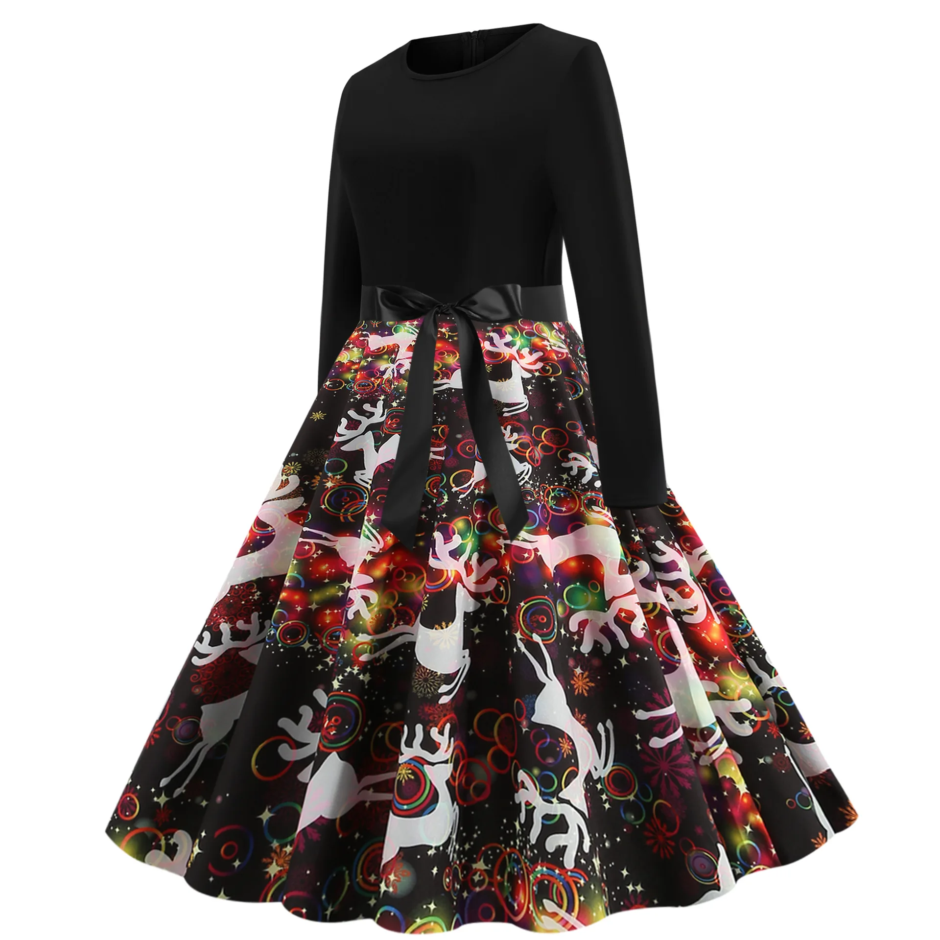 Dress Women 2021 Christmas Selling New Digital Printing Splicing Posed Long Sleeves Free Ribbon Dresses Casual Vestidos ZXP1208