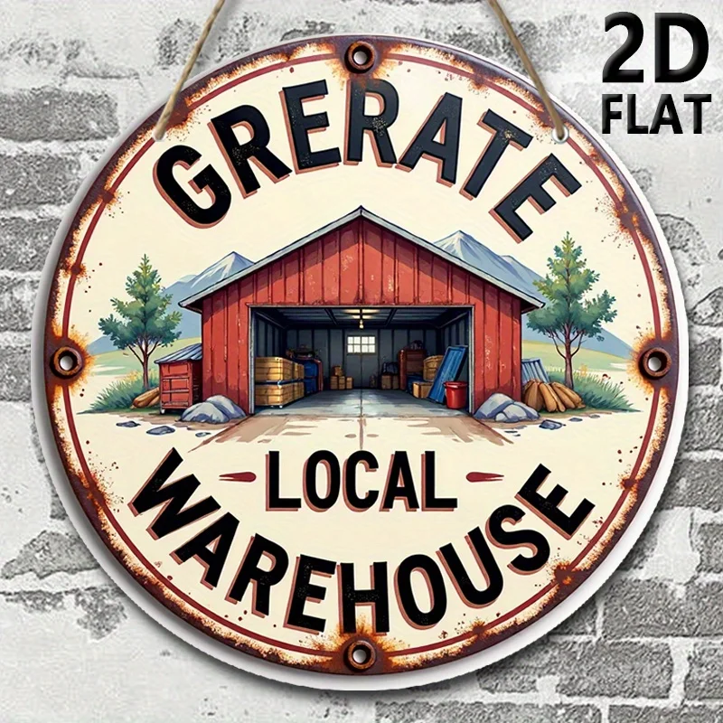 2D Flat, Interesting Wall Decoration Wooden Sign Plaque, a WoodSign with a Local Warehouse Featuring a Red Barn, 7.87-inch Round