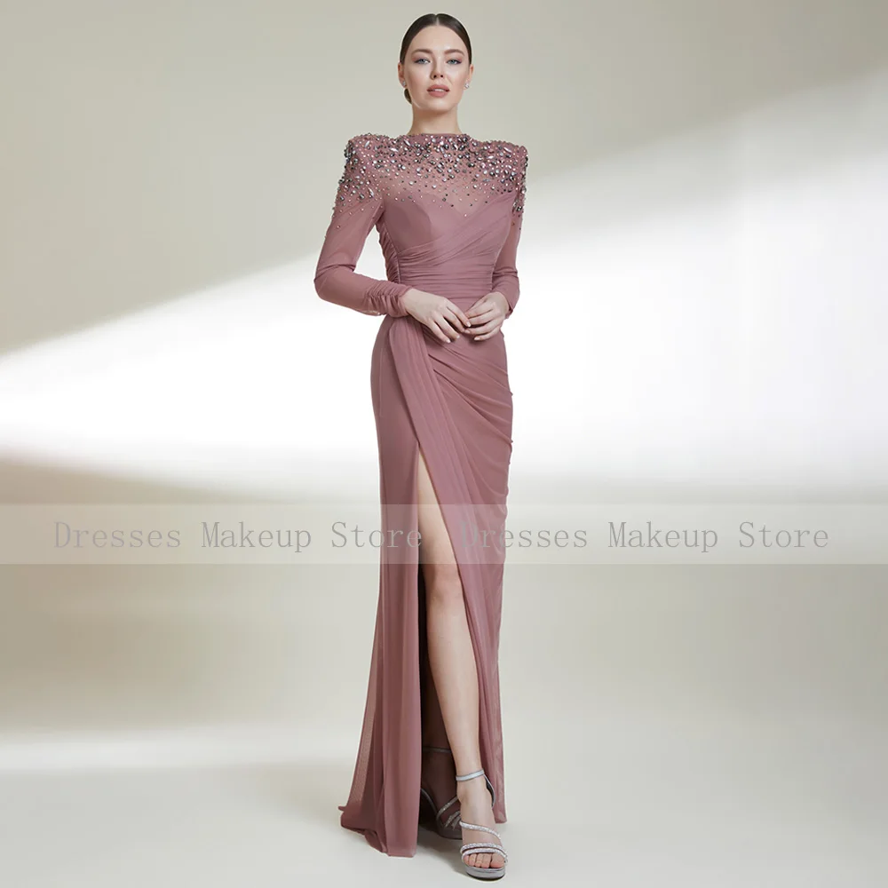 Fuchsia Evening Dress Luxury Crystal Long Sleeves Mermaid  Gowns for Women 2023 Side Slit Trumpet Elegant Formal Dresses