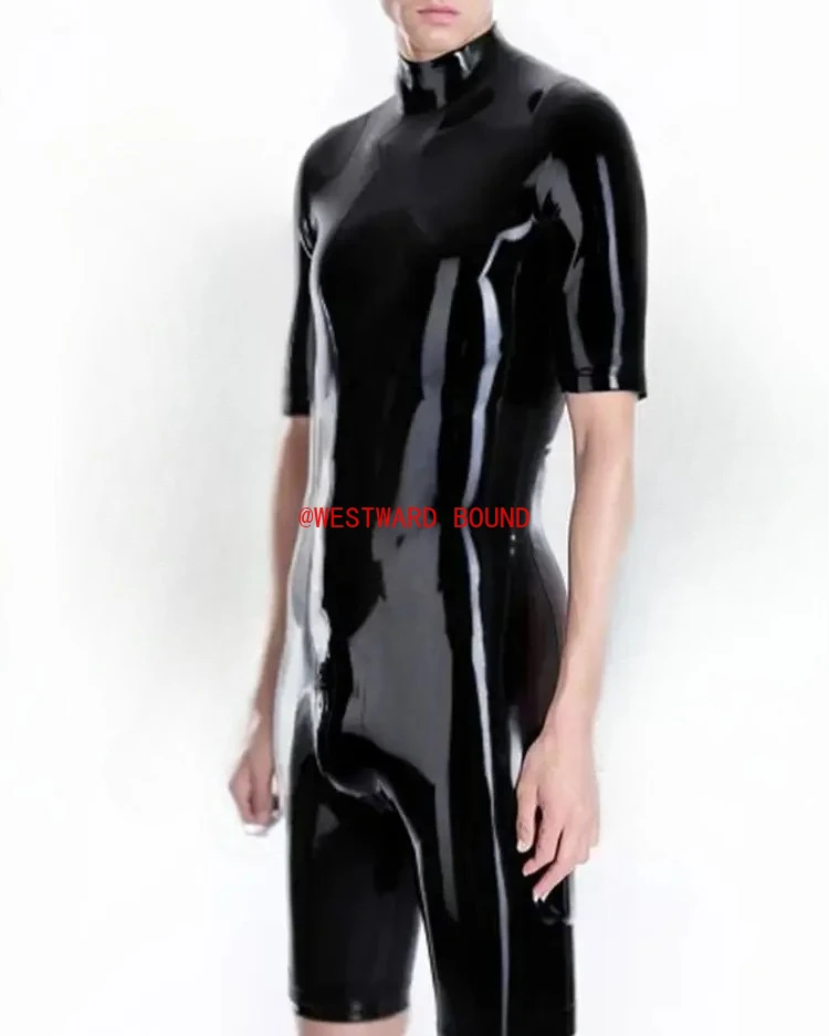 

customized latex catsuits men latex Suit rubber bodysuit with round neckline Panties fetish shorts clubwear cosplay