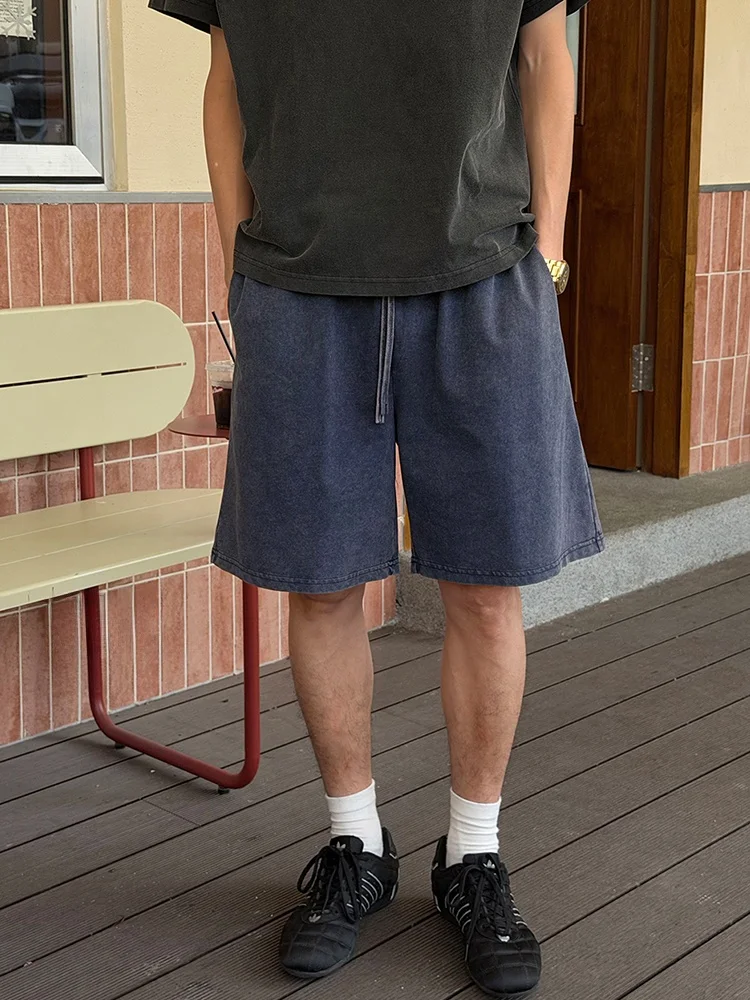 Entong Men's Blue Washed Vintage Short Shorts Summer Thin American Style Loose Fit Sports Five-Quarter Length Casual Cotton