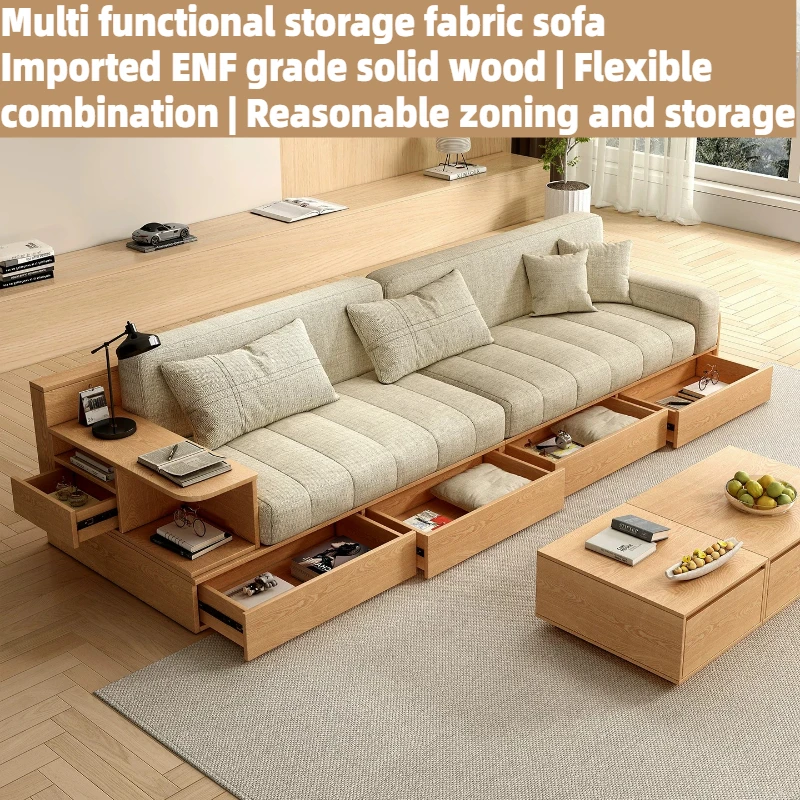

Multi-functional Storage Sofa With Pull-out Drawers Wood Base Linen Fabric Couch With Side Shelf Large Space-Saving Living Room