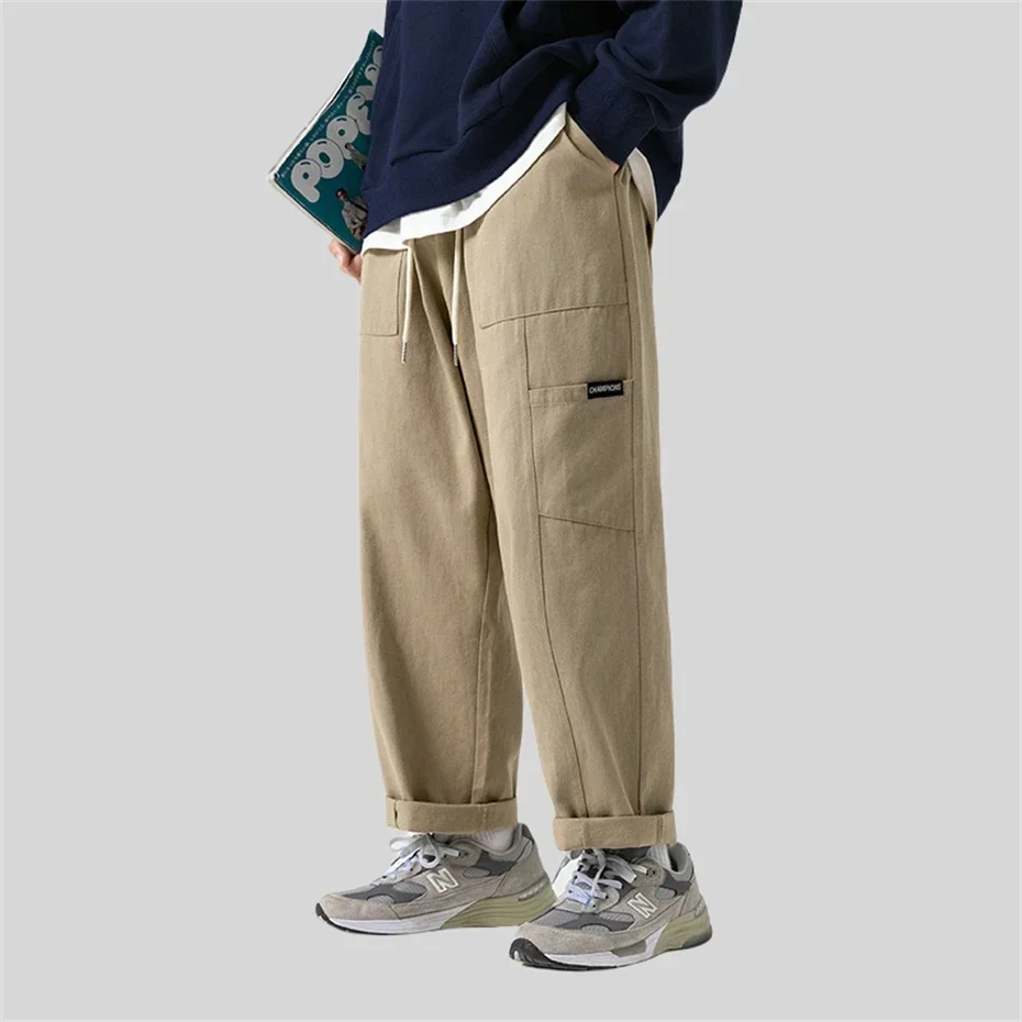 Winter Fleece Pant Men Hip Hop Streetwear Sweatpants Loose Cargo Pants Men Japan Solid Beige Trousers Mens Clothing