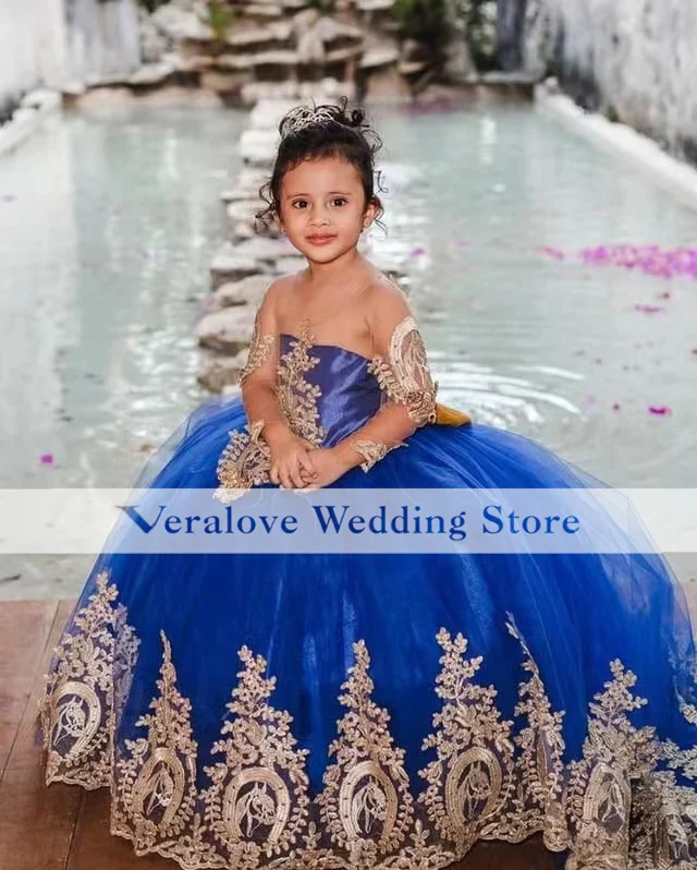 Vestido de baile azul para bebé, vestido de princesa con Apliques de encaje, Mini vestido de fiesta de cumpleaños para desfile, vestidos de flores