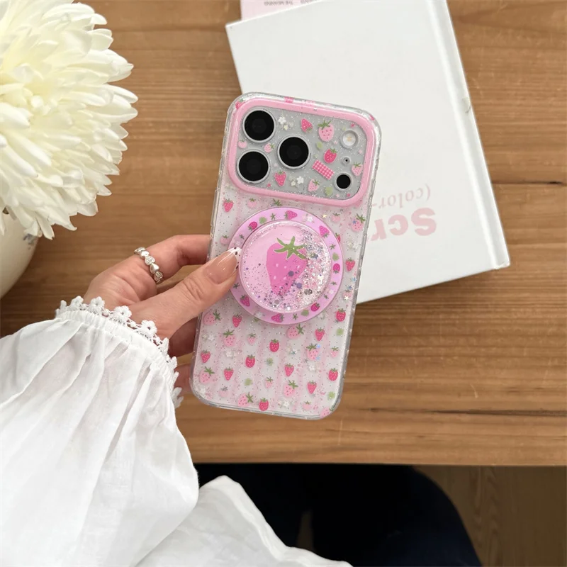

Shockproof Protective Magnetic Phone Case For iPhone 14 15 16 17 Pro Max, Pink Strawberry Glitter Print With Matching Quicksand