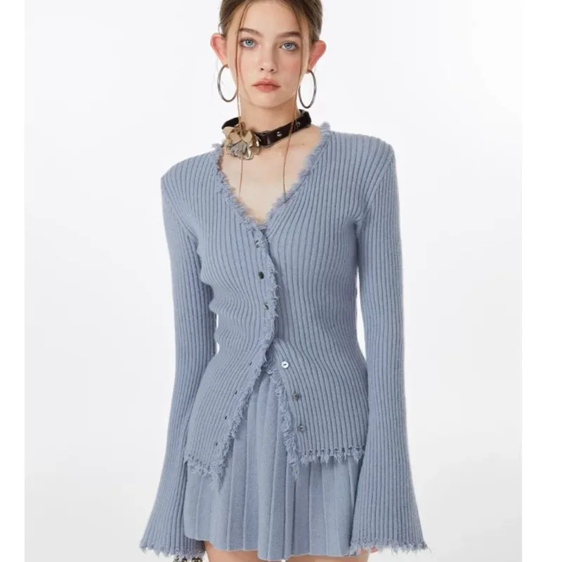 

Sweet Hot Girl Pure Sexy Suit Women's Autumn Tassel Knitted Cardigan A-line Pleated Skirt Two-piece Set Fashion Female Clothes