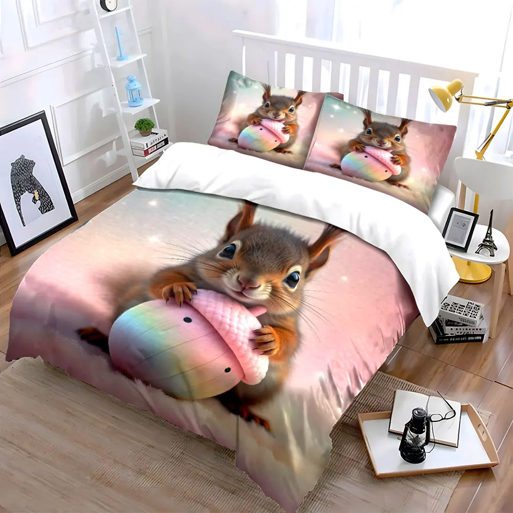 Cute squirrel hugging colorful acorn Bedding Set for Kids Luxury Gift 3pcs Digital Print Comforter Set Soft Comfortable