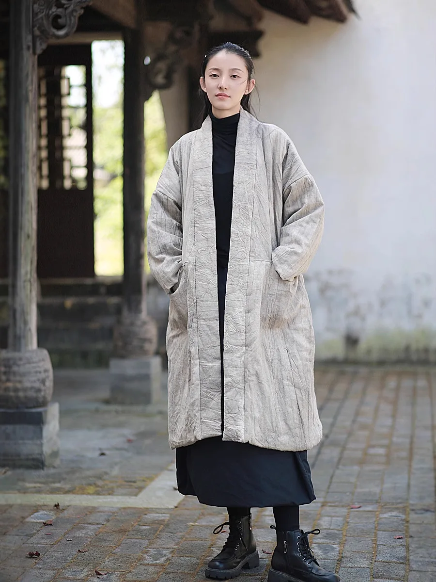 TIYIHAILEY Women Long Sleeve Long Knee Length Thick Outerwear V-Neck Cardigan Jacket Ramie Blue Grey Chinese Style Warm Coats