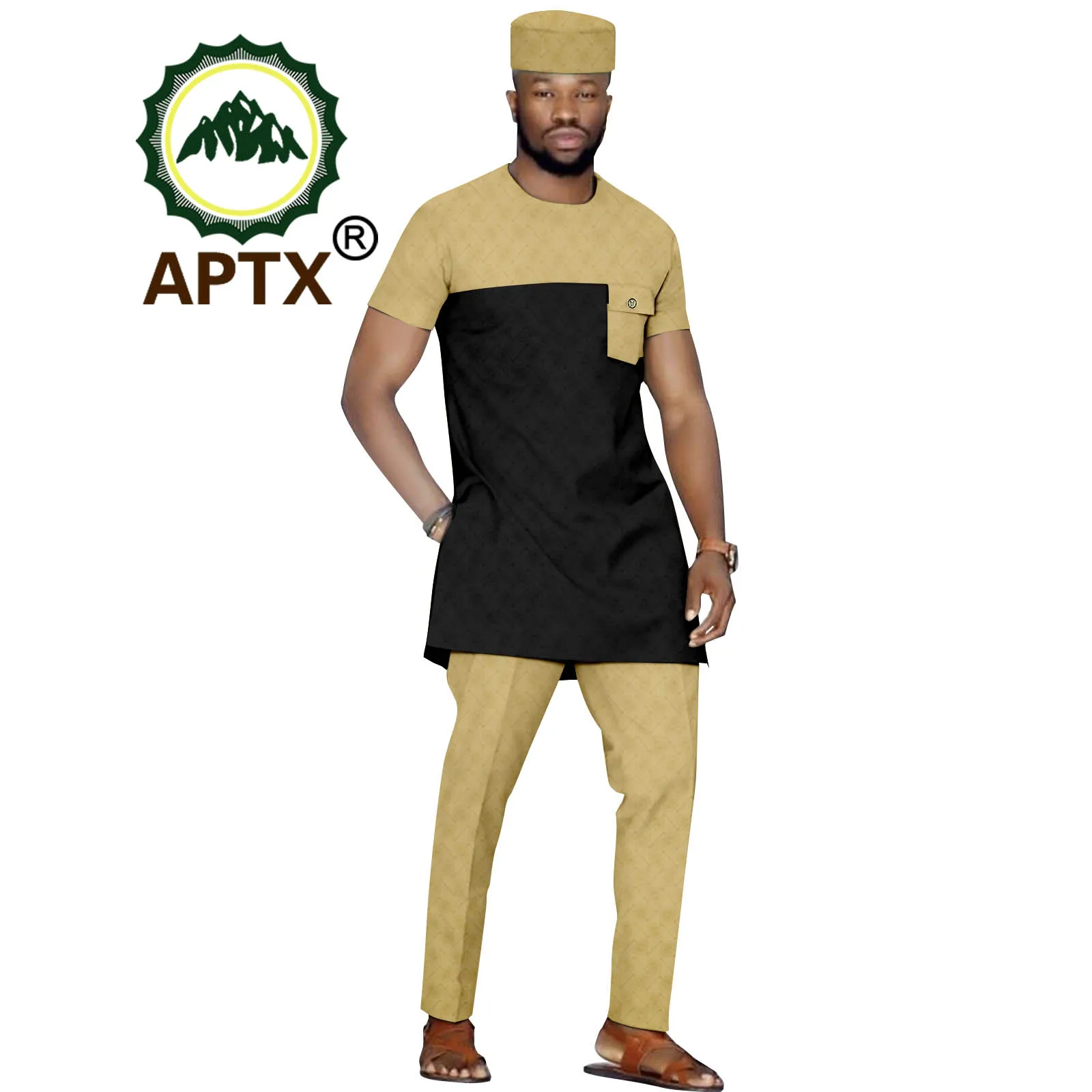 

Summer African Men's Short Sleeve Dashiki Top + Pants + Tribal Hat 3 Piece Casual Plus Size Sports Set A2216088