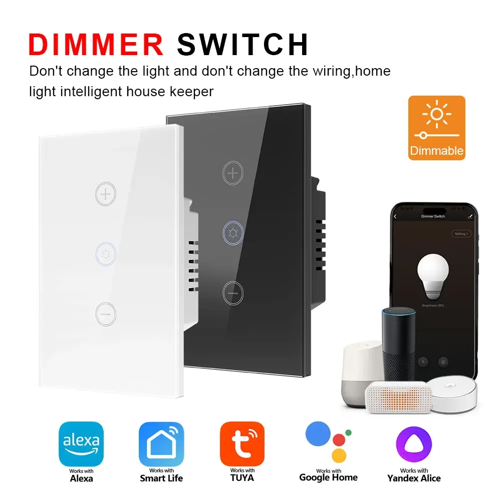 

US Standard Tuya Smart Dimmer Switch Touch Switch Brightness Adjustable Remote Control Work with Alexa Google Voice Control
