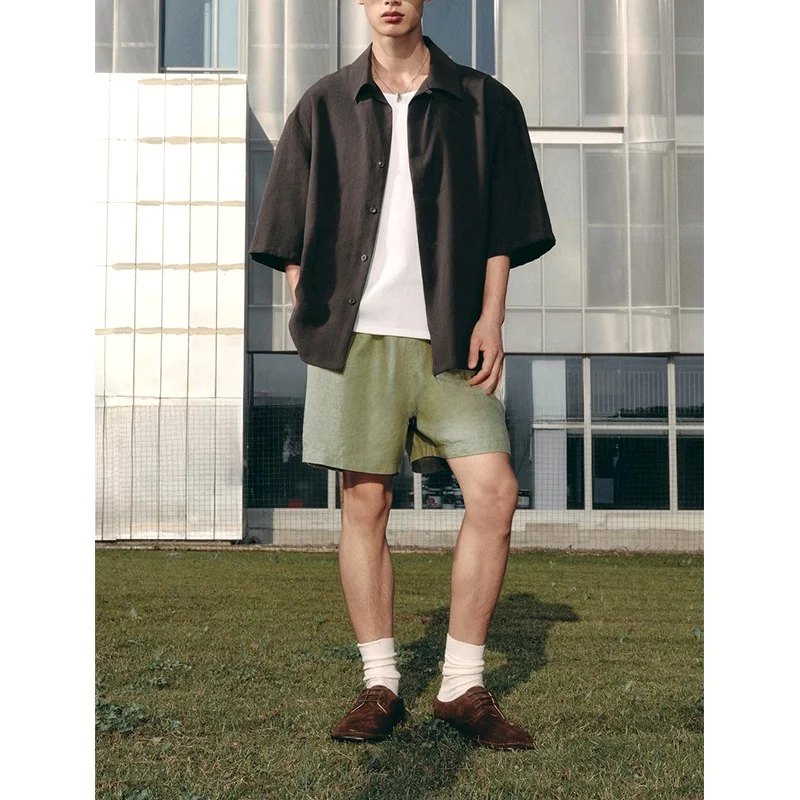 Csa masculina de verão, foada, em mistura de fibras, manga curta, com botões, tecido de poliéster, estilo casual, modern...