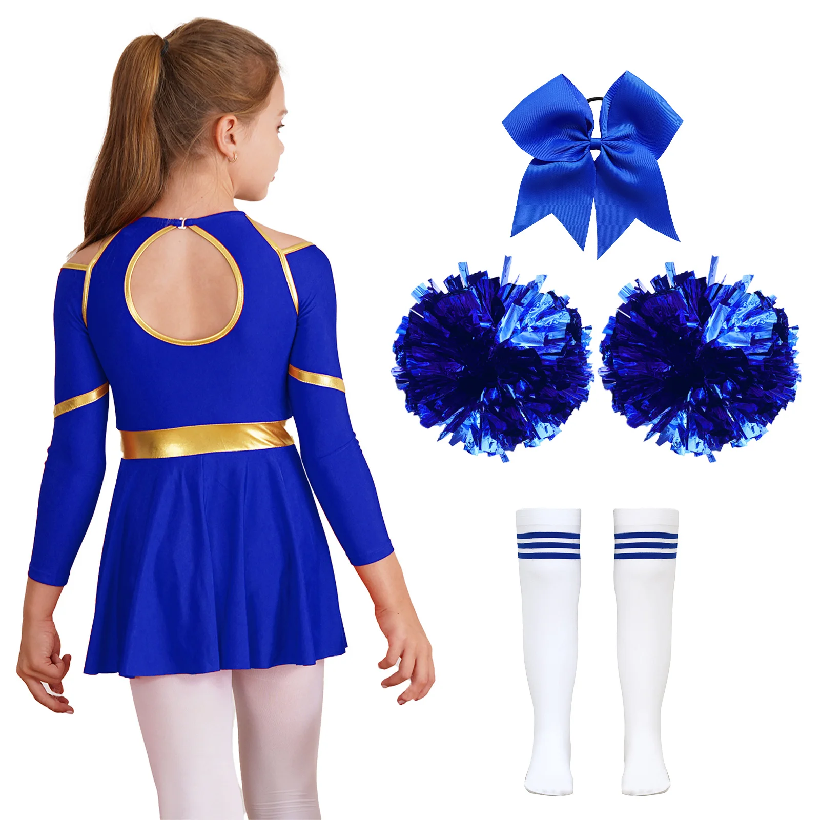 Kids Girls Cheerleading Outfits Cheering Team Dress with 1Pc Bowknot Headwear 2Pcs Hand Flowers Striped Socks Competition Set