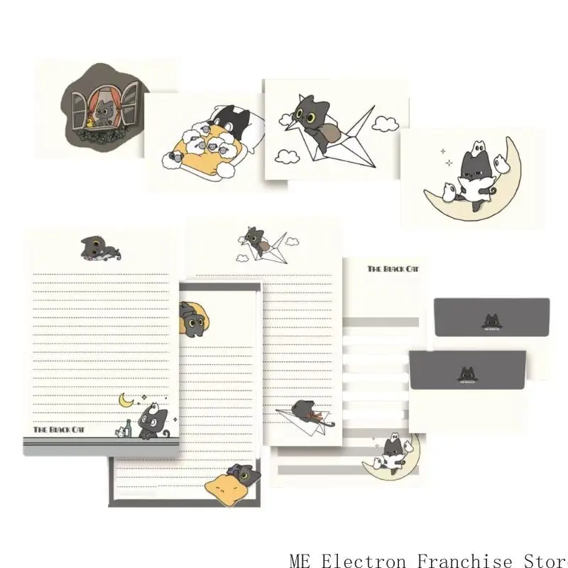 

T5EA 1 SET Little Black Cats Set Stect Prise Paper с конвертами букв и конвертов, установленных для пригласительных карт