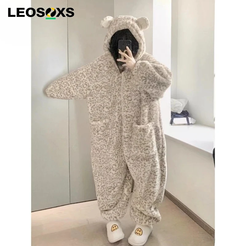2026 Thickened Fleece Pajama Suit for Girls Leopard Pattern Coral Fleece Winter Home Clothes Sleepwear Long Sleeve Long Pants