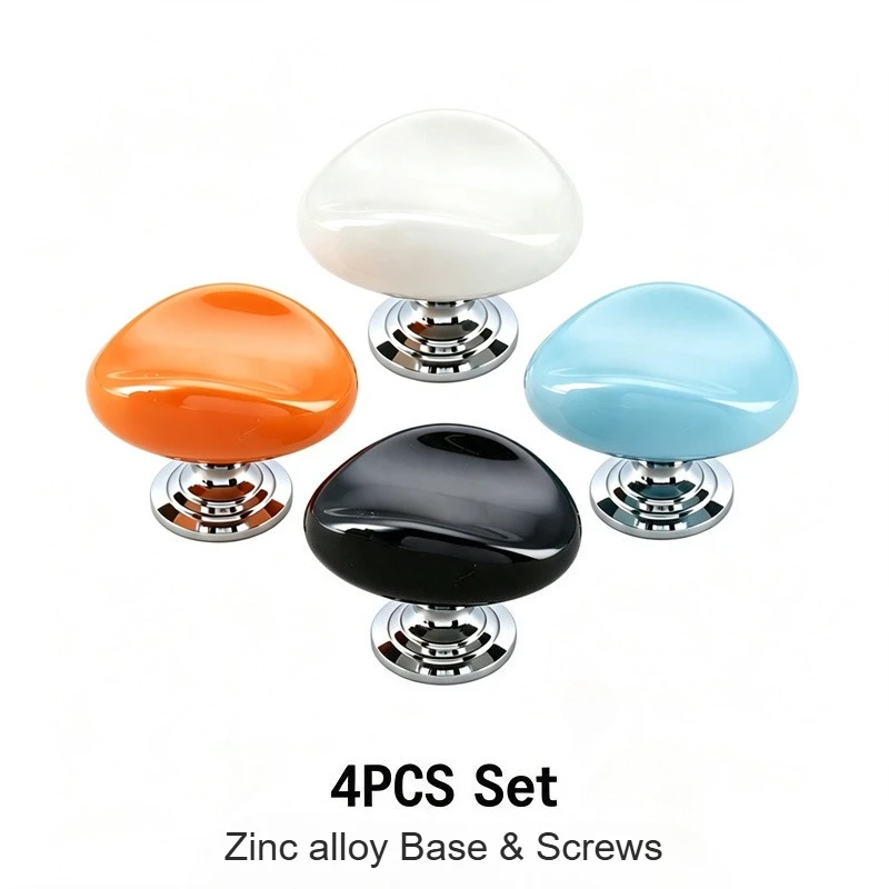 4PCS Pebble Ceramic Cabinet Knobs, Chrome Base Colorful Drawer Pulls, Modern Handles for Dresser Cupboard Kids Room with Screws