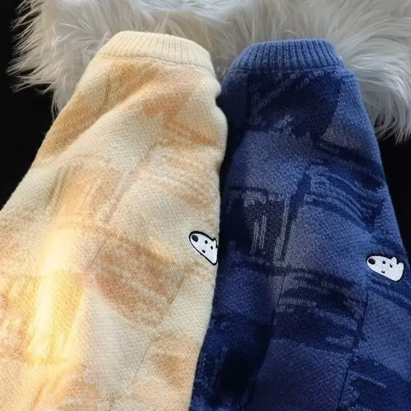 

Loose Knitted Plaid Sweater Men's Autumn Winter Vintage Soft White Casual Versatile Loose Knitwear Top for Young Men