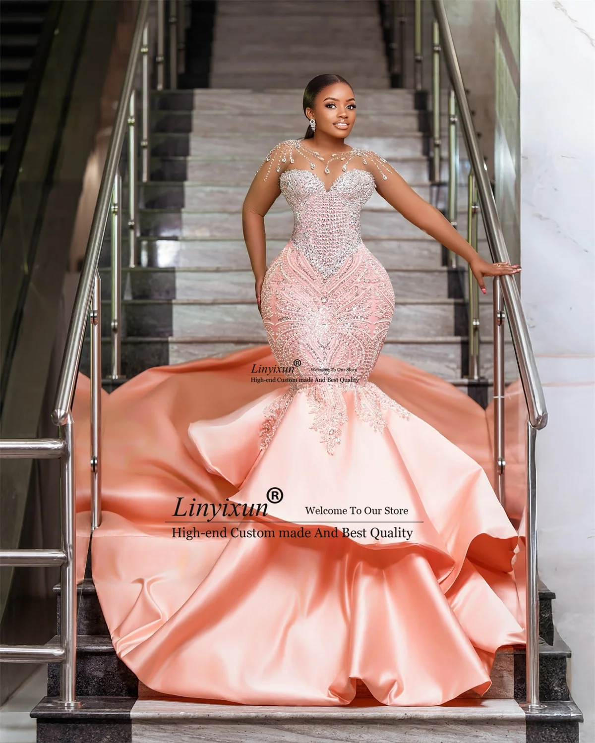 فساتين لحضور الحفلات الموسيقية الأنيقة بحورية البحر من Aso Ebi مع أحجار الراين الماسية للحفلات المسائية مخصصة في دبي رداء مكشكش أفريقي للسهرة