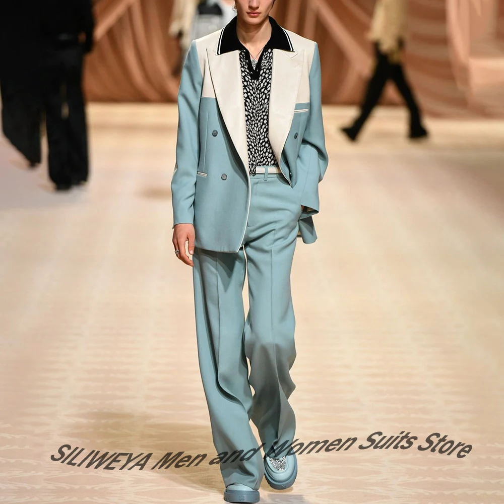 

Мужской костюм-двойка светло-голубого цвета с контрастными лацканами, смарт-кэжуал, двубортный, люксовый, модный, для уличной носки, для выпускного вечера и вечеринок