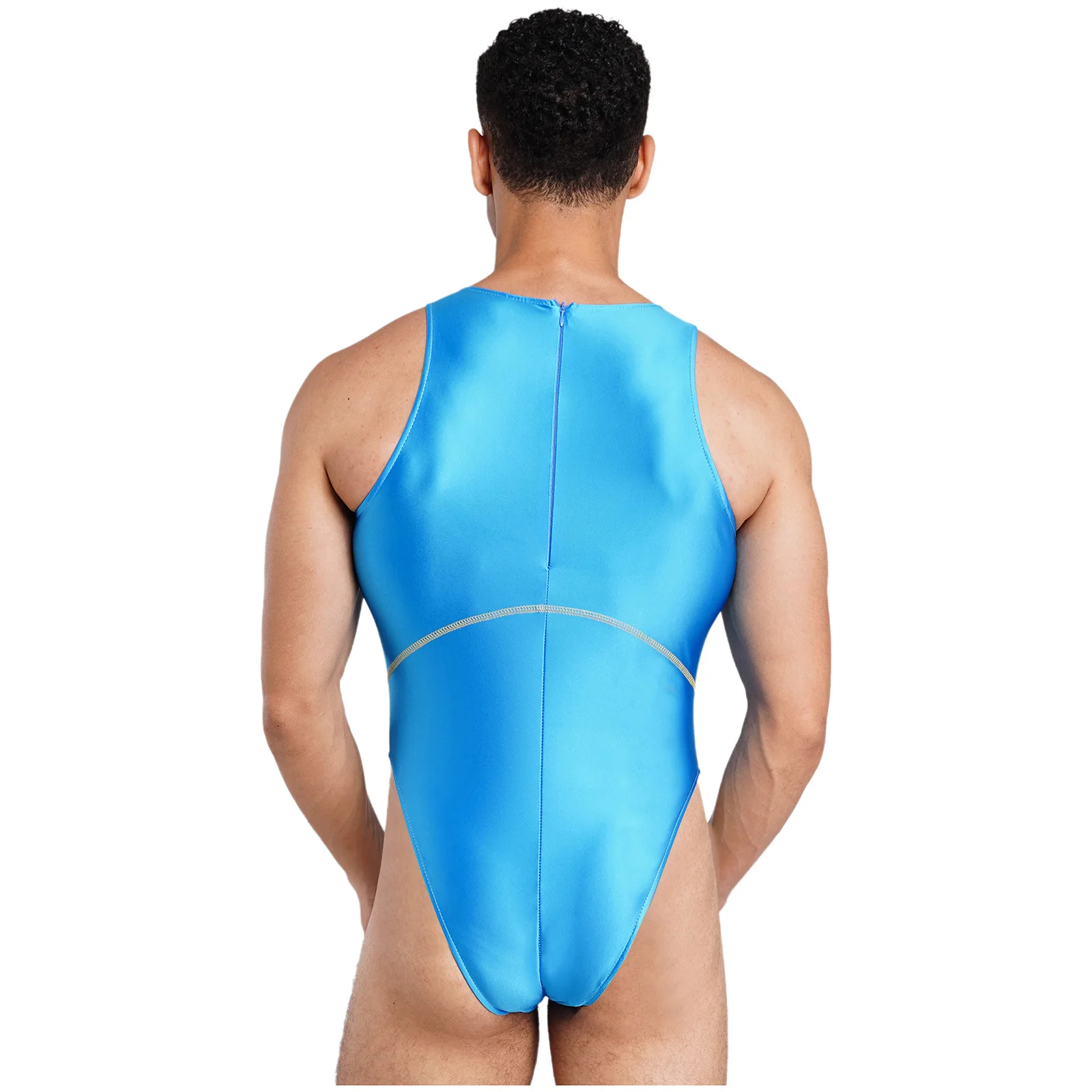 Herren-Lingerie Ölglänzender Einteiliger Badeanzug Farbblock-Nähte Ärmellos Hochgeschnittener Bodysuit Bademode – Detail 7