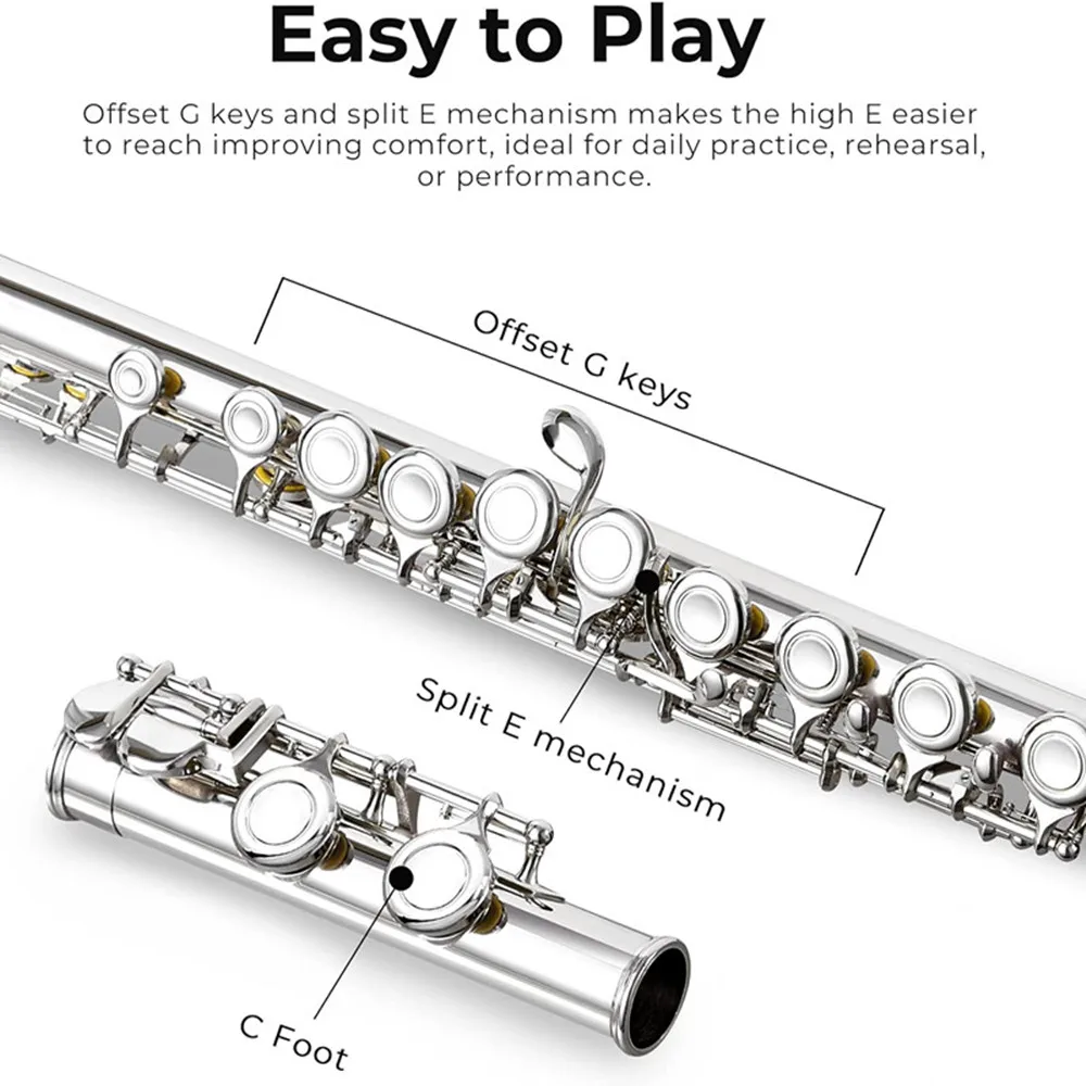 C Flutes Closed Hole 16 Keys Nickel Plated Flute Instrument for Beginners Students Kids School Band Orchestra with Carrying Case