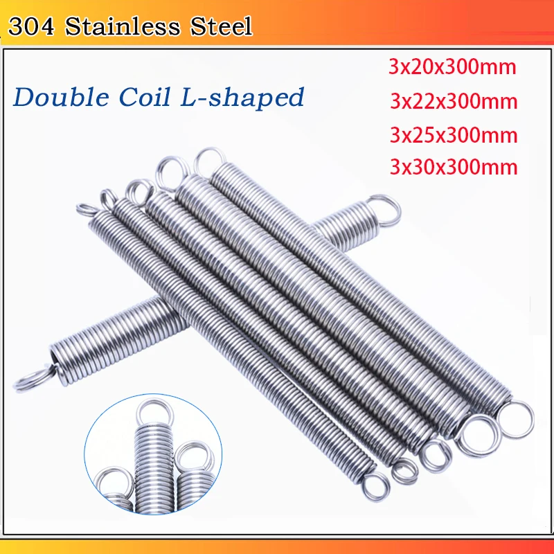 304 Stainless Steel O Ring Hook Extension Spring Tension Spring Double Coil L-shape 1~5pc Wire Dia 3MM Outer Dia 20~30MM L:300MM