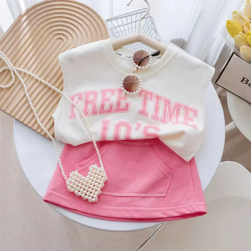 

Girls Fashion Set Summer 2024 New Children's Baby Fashion Korean Version Thin Sleeveless Half Skirt Two Piece Set Kids Clothing