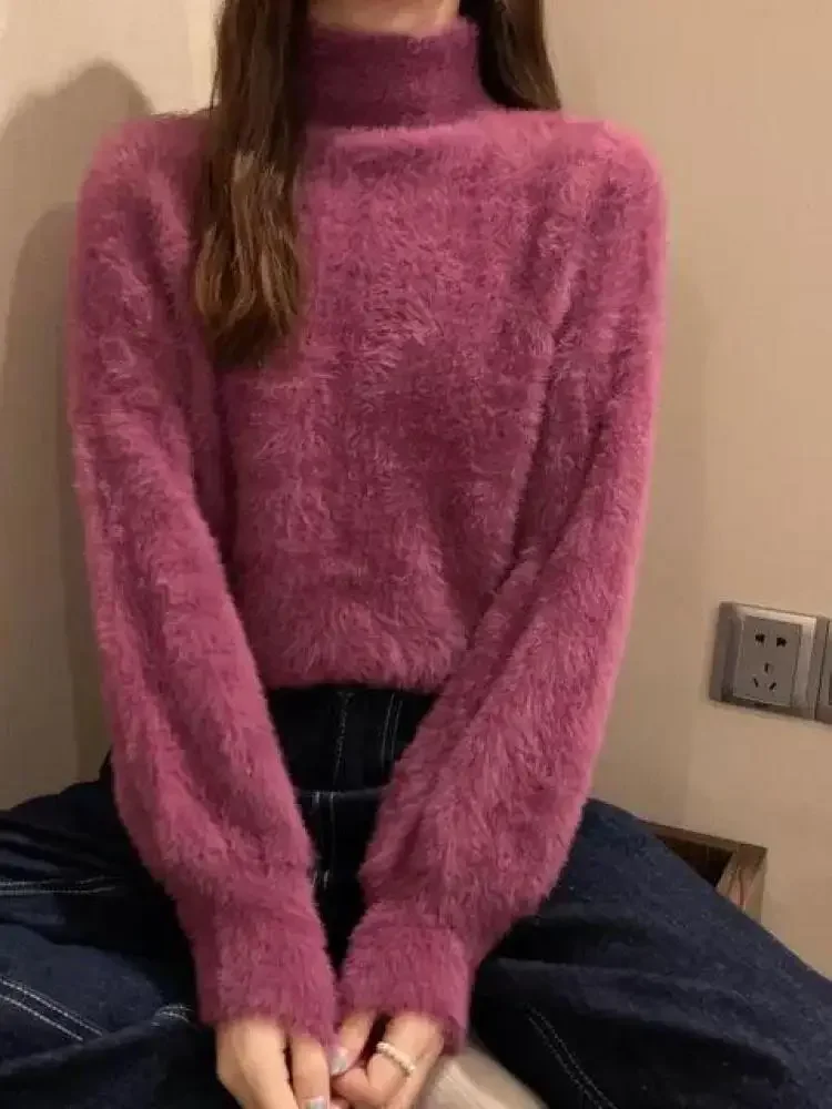 2025 ผู้หญิงถักเสื้อฤดูหนาวเลียนแบบ Mink Wool Hot Fleecing หญิงคอเต่ายืดหยุ่นสบายๆเสื้อกันหนาว Soft WARM Pullovers