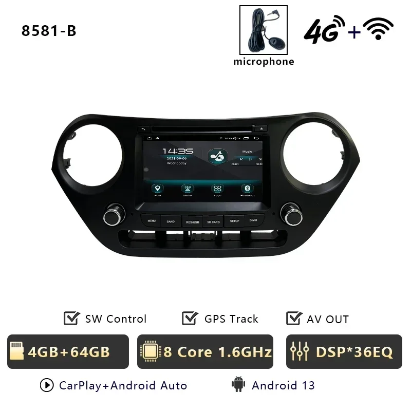 CHESTEK Android 13 Autoradio Voor Hyundai i10 Grand 2013 2014 2015 2016-2018 Carplay Multimedia Video Speler navigatie WIFI 4G BT - afbeelding 1