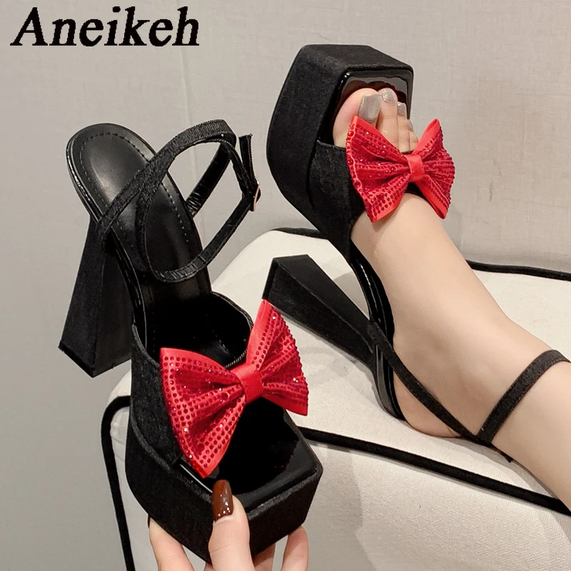 Aneikeh 2024 Summer Denim Square Toe Butterfly-Knot Platform Chain Peep Toe Women Sandals Sexy Buckle Strap Party Stripper Shoes