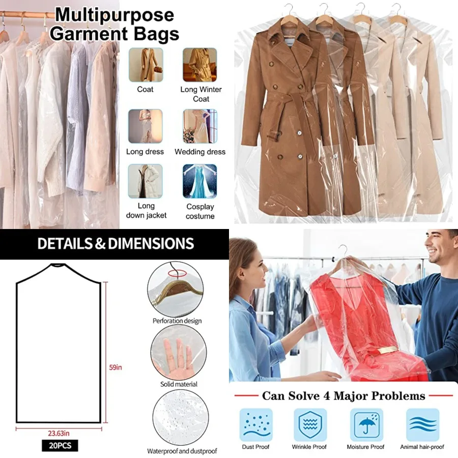

20PCS 60 Inch Plastic Garment Bag-Plastic Clear Dry Cleaner Laundry Bags for Clothes Cover, Hanging Clothes Storage for Long Dr