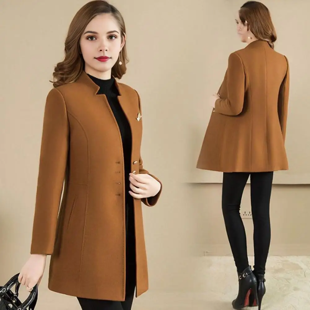 Women Mid-length Coat Ol Cardigan Jacket Women’s Winter Coat Formal Business Jacket Stand Collar Mid-length Outerwear