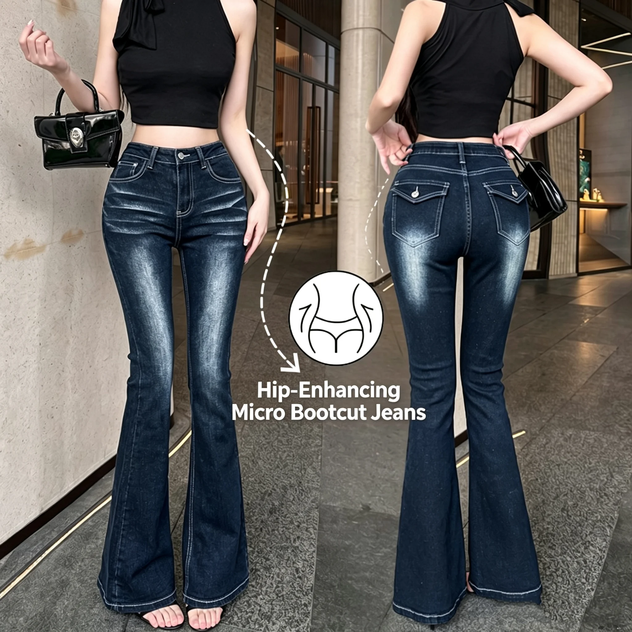 Mid-Rise Soft Stretch Blue-Grey Bootcut Jeans, Hip Enhancing & Waist Slimming, Versatile Figure-Hugging Denim for Women