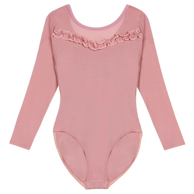 Girls Ballet Leotards Mesh Splice Long Sleeves Dance Leotards Child Gymnastic Leotard Kids Cotton Lace Ballet Dance Bodysuit