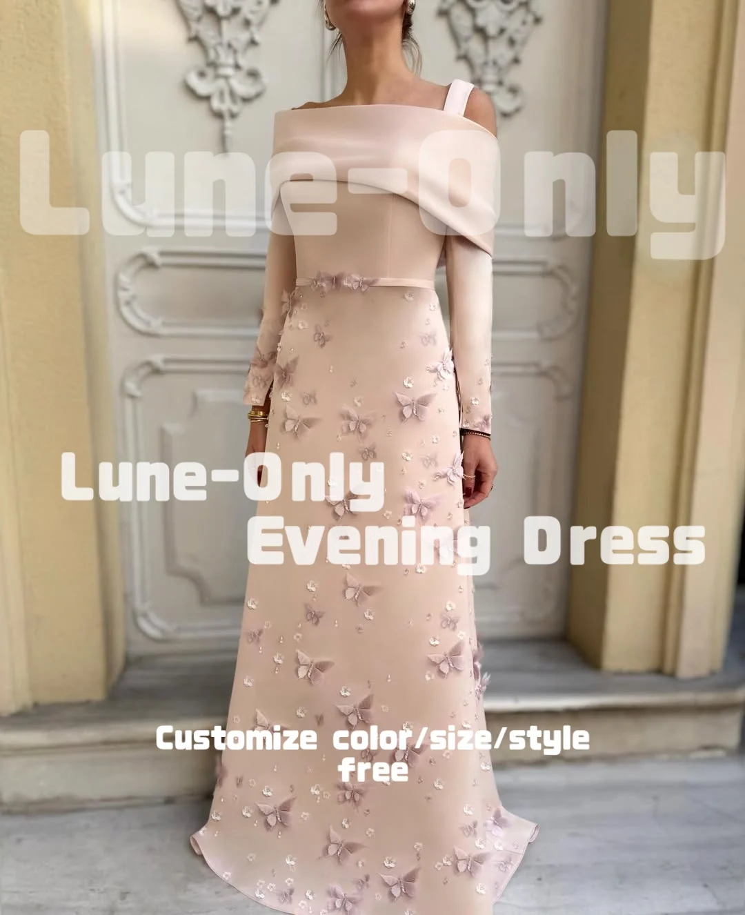 ชุดราตรีผู้หญิงแขนยาวปักลายผีเสื้อสุดหรูสำหรับงานพิธีการ ชุดราตรีทรงเอไลน์สำหรับงานพรอมและงานเลี้ยง