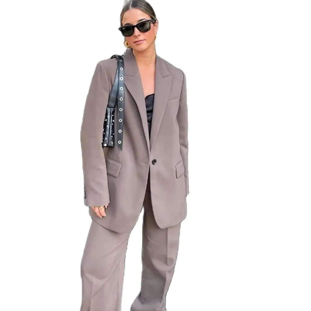 High Quality Gray Women Suit One Button 2 Piece Jacket Pants Female Clothing Smart Causal Loose Luxury Office Lady Blazer Set