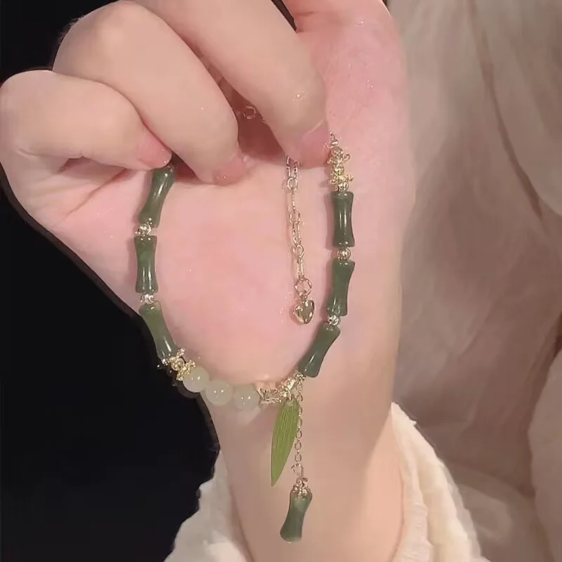 1Pcs Handmade Green Color Natural Stone Bamboo Joint Leaves Tassel Beads Strand Beaded Bracelet for Women Accessories
