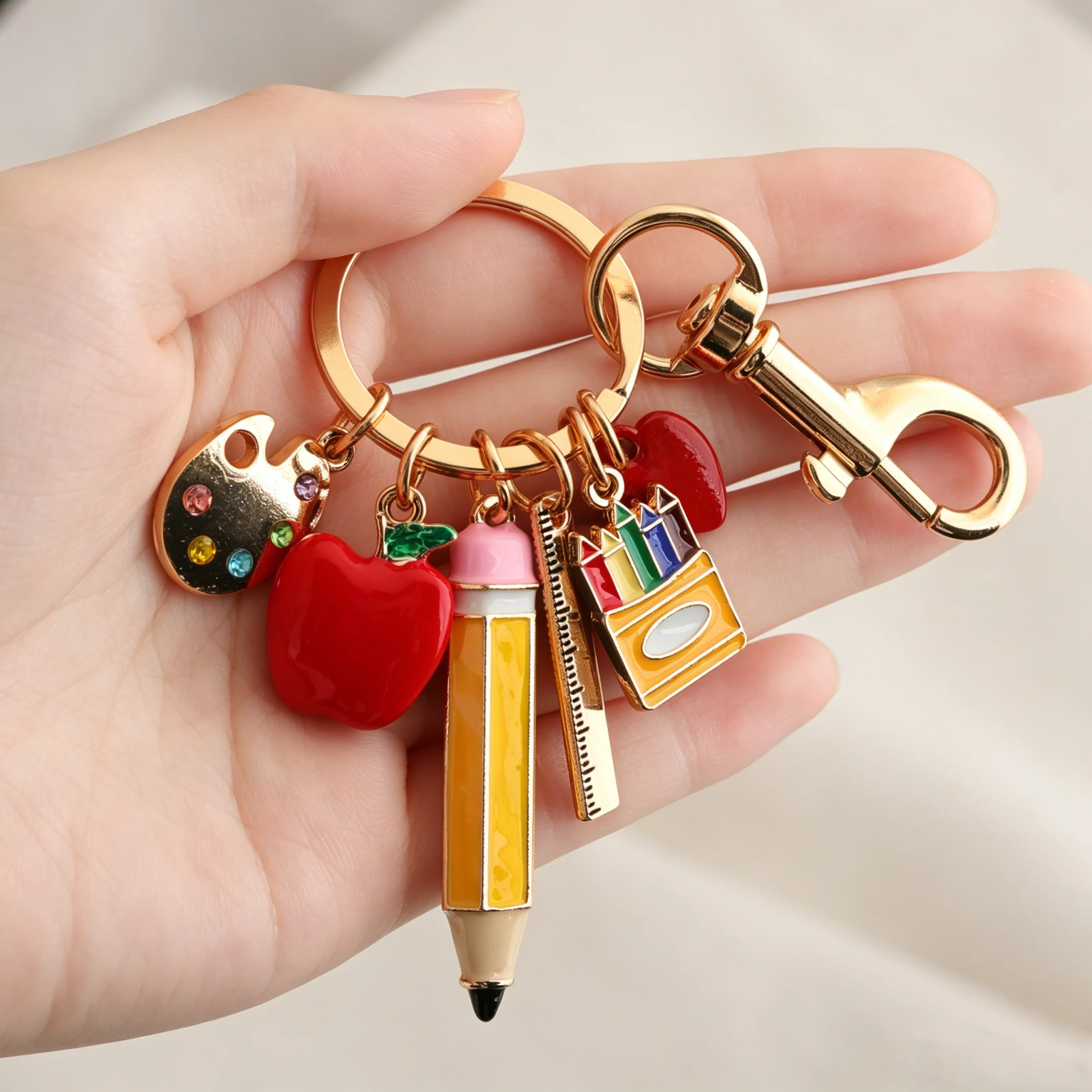 Porte-clés 3D de dessin animé, tableau de dessin Apple, règle en forme de cœur, cadeau de remerciement pour enseignant, porte-clés crayon, breloque de sac à dos, accessoire