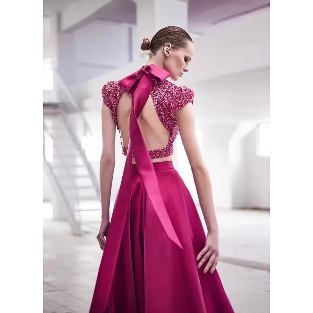 Vestido de noche personalizado avanzado para mujer, conjunto de dos piezas con espalda abierta, rosa roja, vestido Formal de lujo para banquete, nuevo, 2024