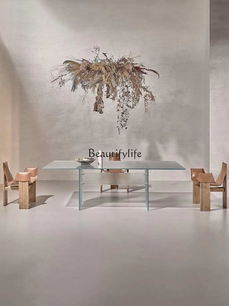 Italian minimalist water corrugated tempered glass dining table light luxury high-end household dining table conference table